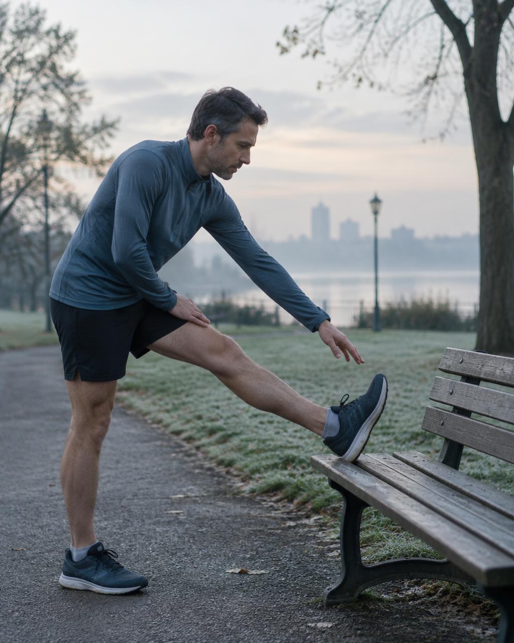 A runner stretching his leg on a park bench in the early morning